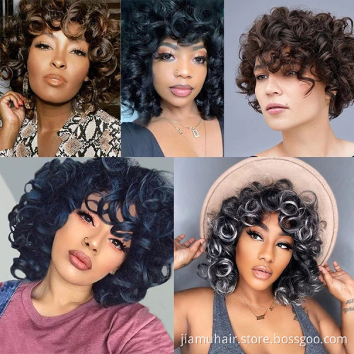 Ombre Color Short Hair Afro Curly Wig With Bangs Loose Synthetic Cosplay Fluffy Shoulder Length Natural Wigs